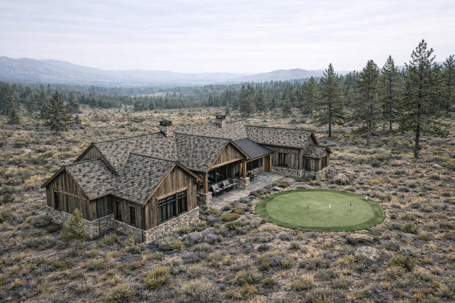 391 Ranchview rear elevation — luxury stone and timber estate at Brasada Ranch Oregon