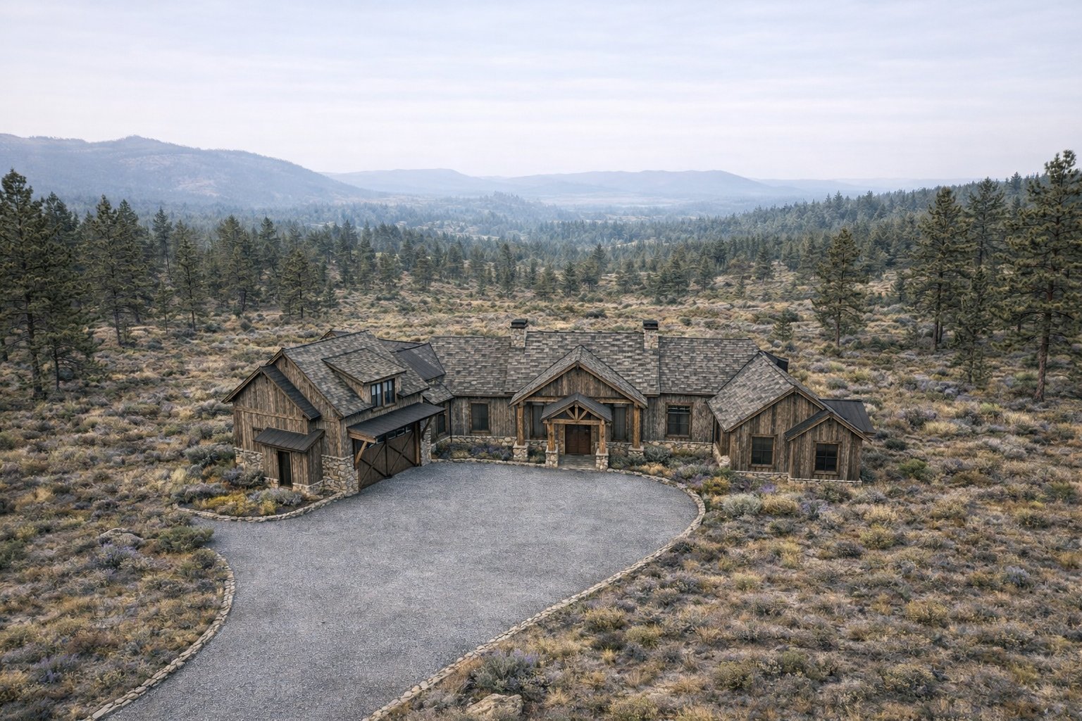 391 Ranchview luxury custom home front elevation at Brasada Ranch Central Oregon — mountain modern architecture by Trivium Development